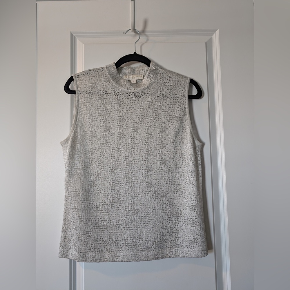 St John Basics Mock Neck Sleeveless Pointelle Knit Top Silver Size Medium